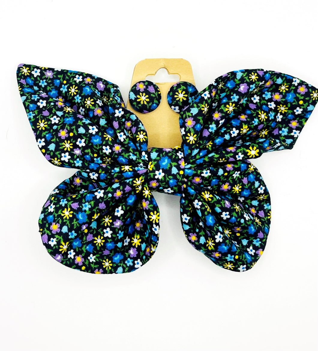 Duo barrette papillons  - fleurs bleu foncé