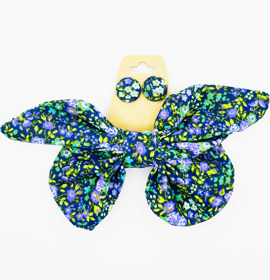 Duo barrette papillons  - fleurs bleu jaune