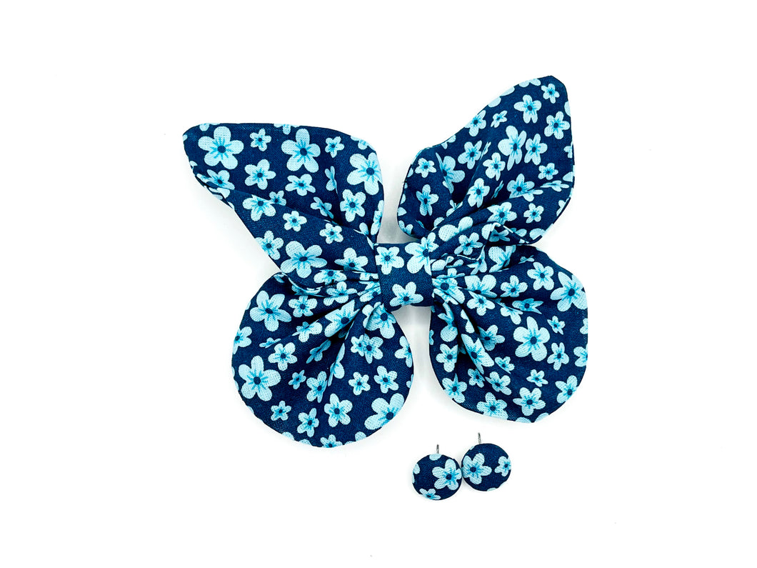 Duo barrette papillons  - bleue fleurs bleues